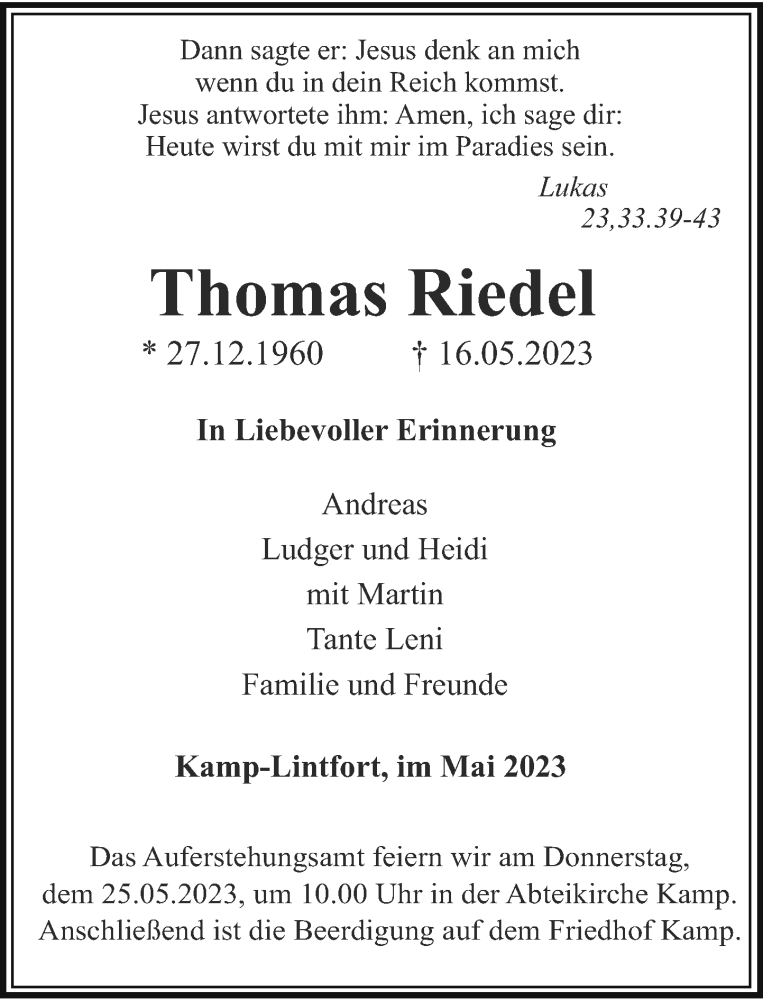  Traueranzeige für Thomas Riedel vom 20.05.2023 aus Rheinische Post