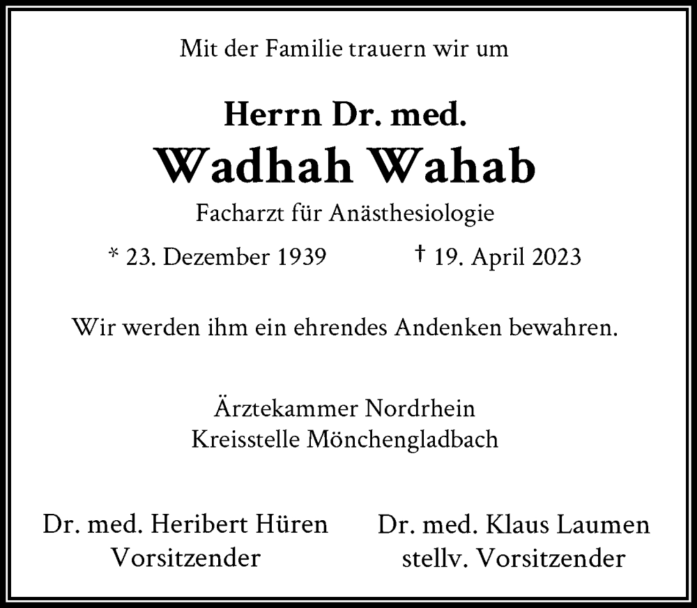  Traueranzeige für Wadhah Wahab vom 13.05.2023 aus Rheinische Post