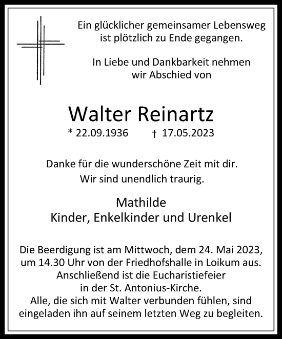 Traueranzeige von Walter Reinartz von Rheinische Post