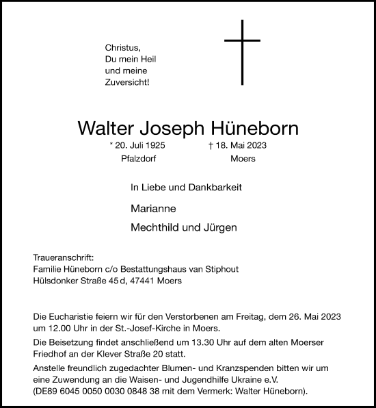Traueranzeige von Walter Joseph Hüneborn von Rheinische Post