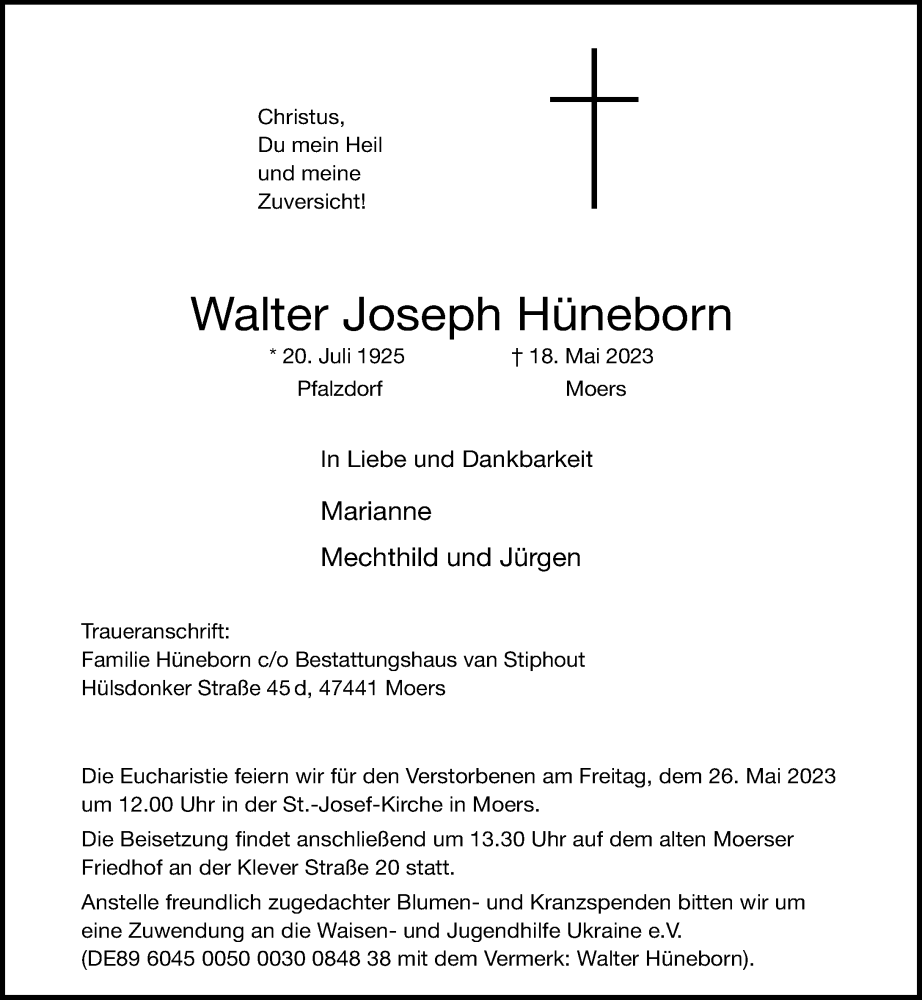  Traueranzeige für Walter Joseph Hüneborn vom 24.05.2023 aus Rheinische Post