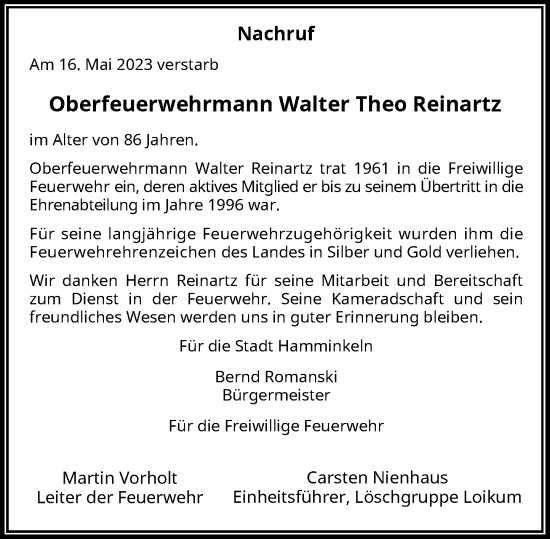 Traueranzeige von Walter Theo Reinartz von Rheinische Post