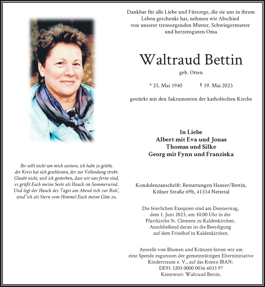 Traueranzeige für Waltraud Bettin vom 27.05.2023 aus Rheinische Post
