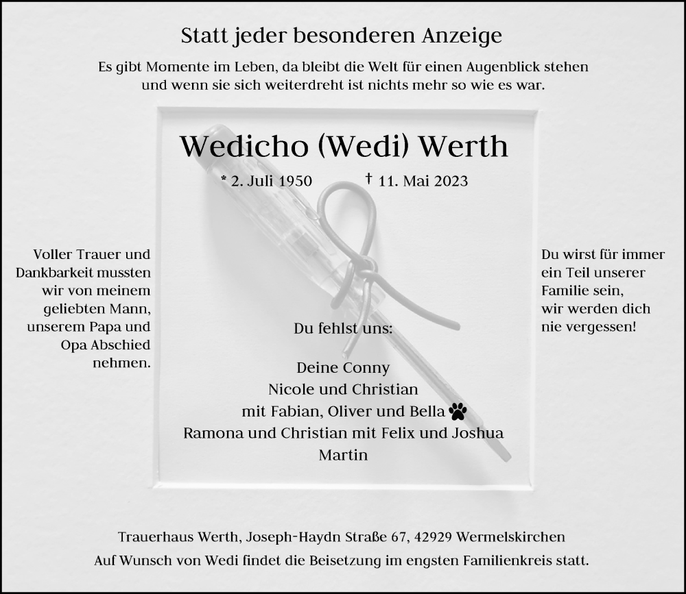  Traueranzeige für Wedicho  Werth vom 27.05.2023 aus Rheinische Post