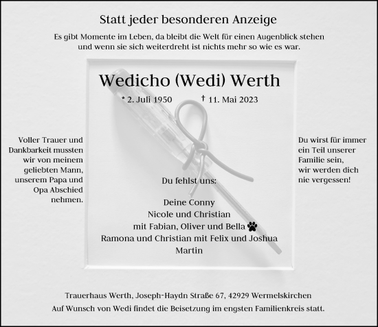 Traueranzeige von Wedicho  Werth von Rheinische Post