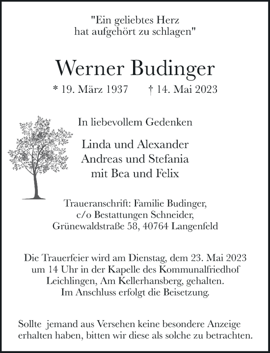 Traueranzeige von Werner Budinger von Rheinische Post