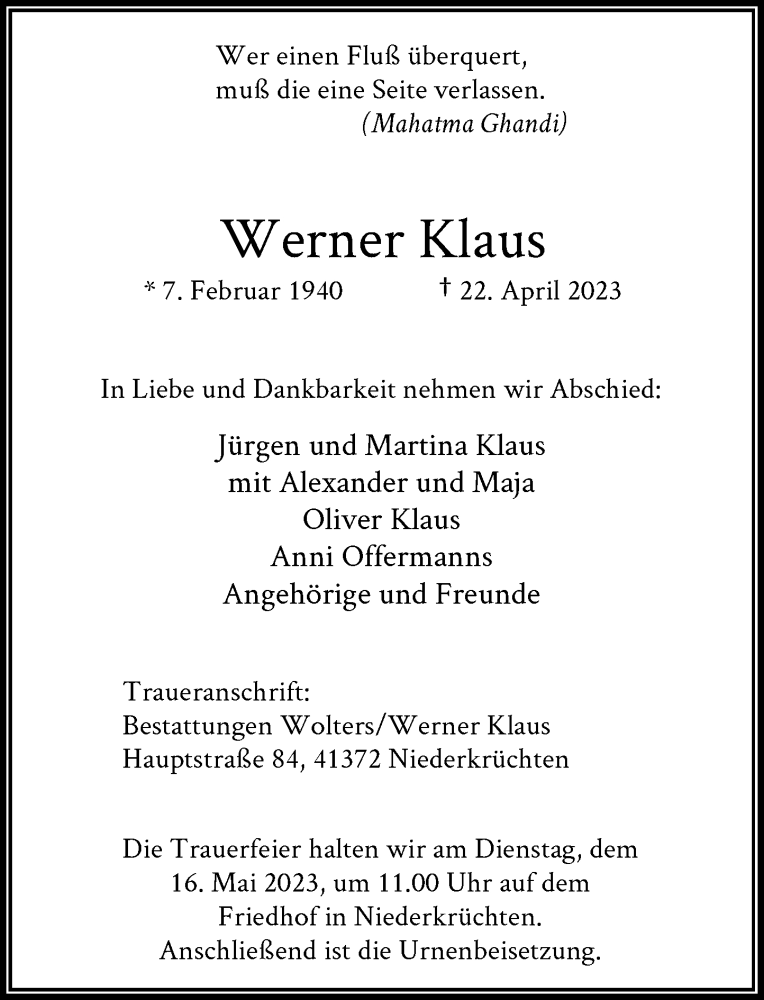  Traueranzeige für Werner Klaus vom 13.05.2023 aus Rheinische Post