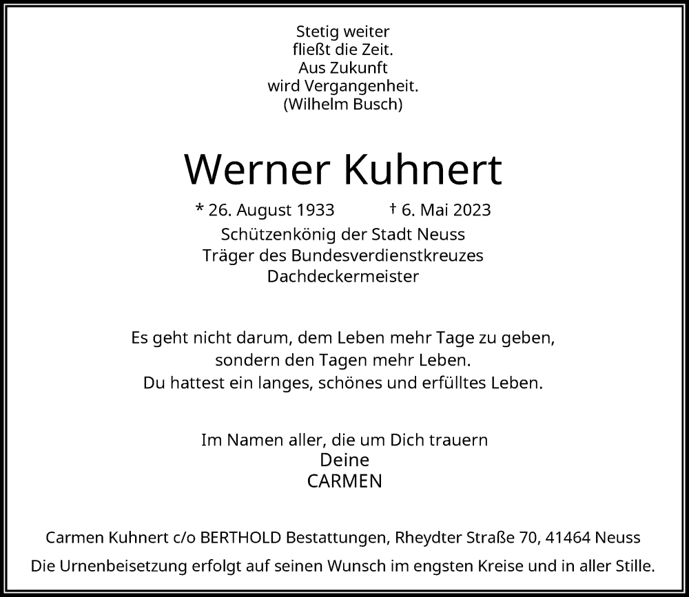  Traueranzeige für Werner Kuhnert vom 13.05.2023 aus Rheinische Post