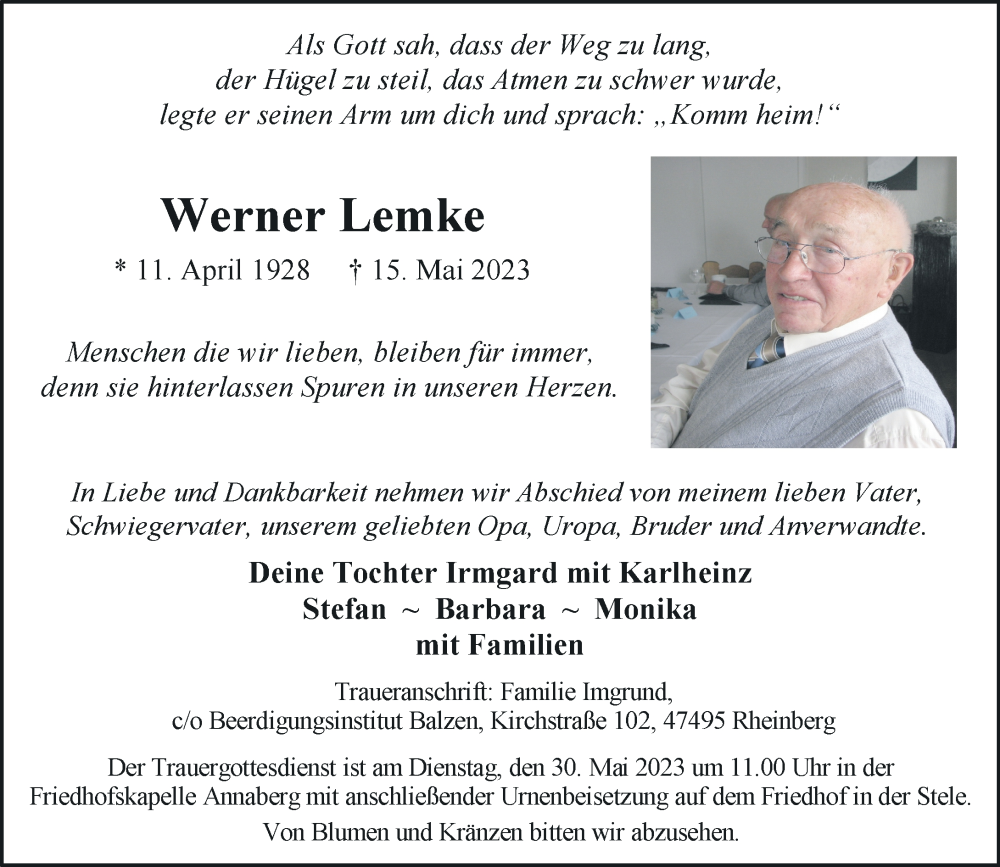  Traueranzeige für Werner Lemke vom 20.05.2023 aus Rheinische Post