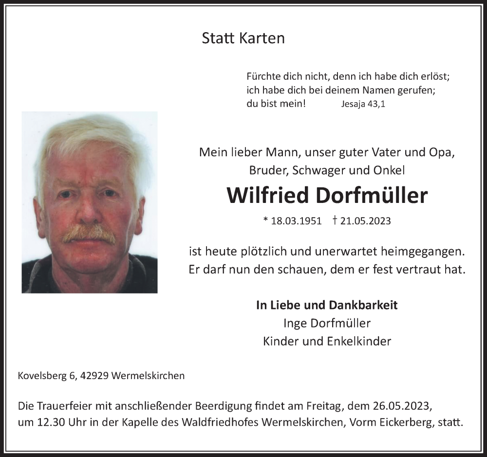  Traueranzeige für Wilfried Dorfmüller vom 24.05.2023 aus Rheinische Post
