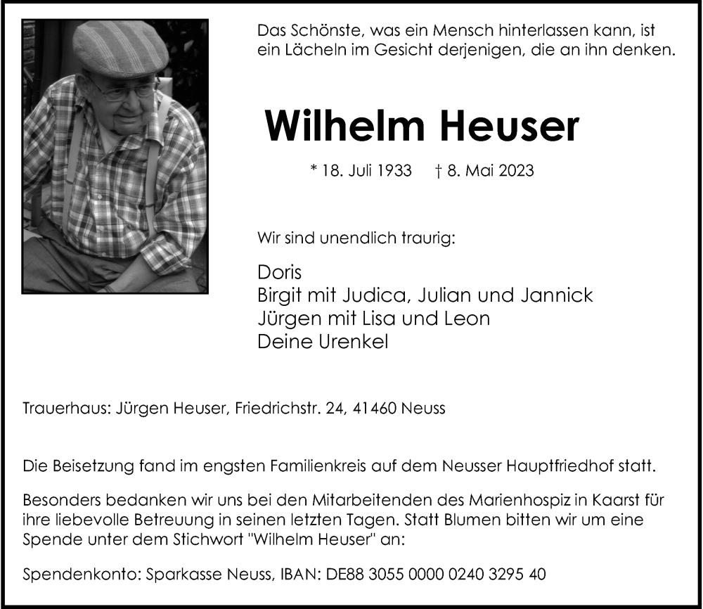  Traueranzeige für Wilhelm Heuser vom 20.05.2023 aus Rheinische Post