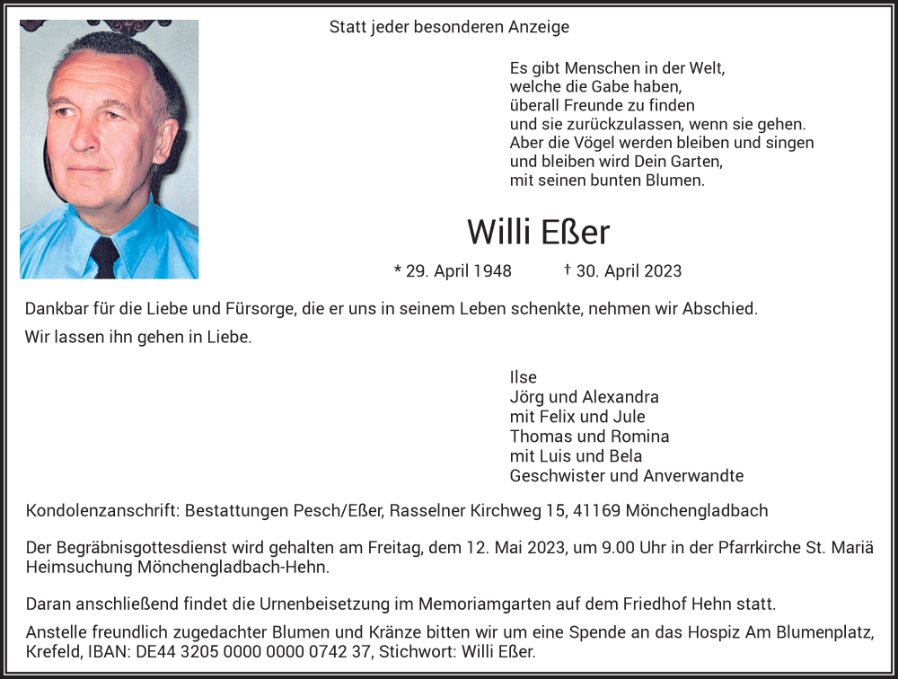  Traueranzeige für Willi Eßer vom 06.05.2023 aus Rheinische Post