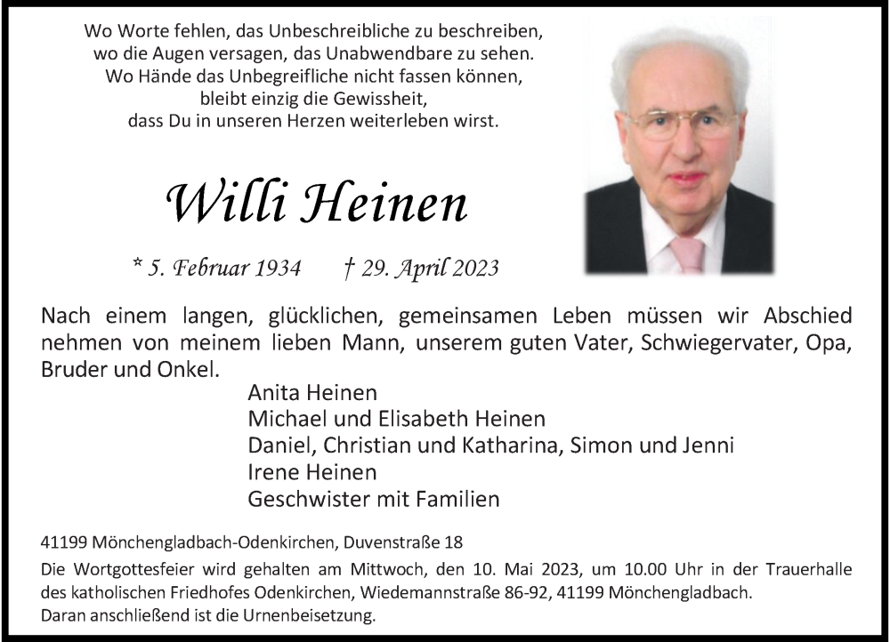 Traueranzeige für Willi Heinen vom 06.05.2023 aus Rheinische Post