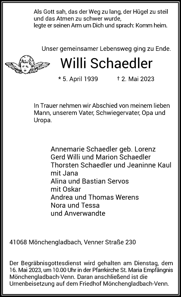  Traueranzeige für Willi Schaedler vom 13.05.2023 aus Rheinische Post