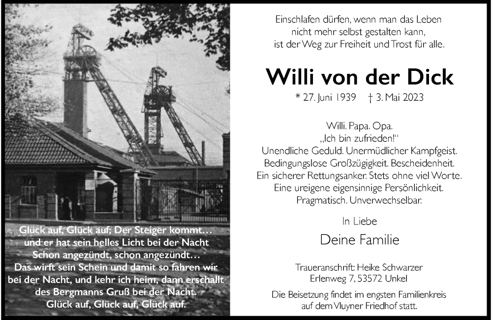  Traueranzeige für Willi von der Dick vom 13.05.2023 aus Rheinische Post