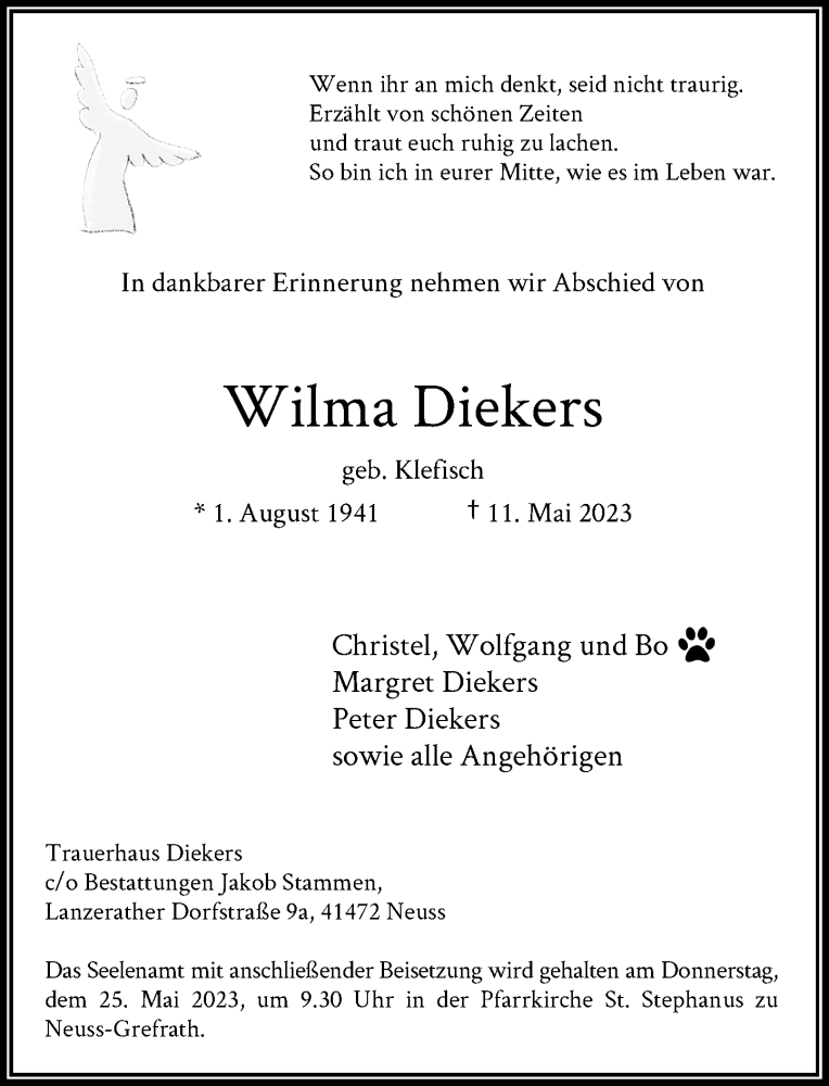  Traueranzeige für Wilma Diekers vom 20.05.2023 aus Rheinische Post