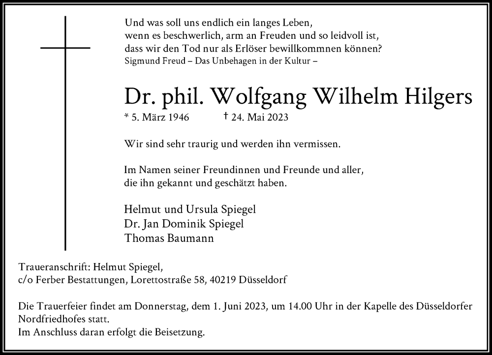  Traueranzeige für Wolfgang Wilhelm Hilgers vom 27.05.2023 aus Rheinische Post