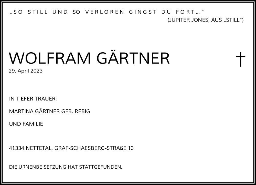 Traueranzeige für Wolfram Gärtner vom 13.05.2023 aus Rheinische Post
