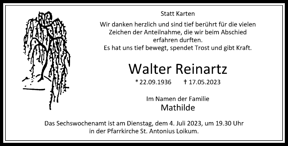  Traueranzeige für Walter Reinartz vom 28.06.2023 aus Rheinische Post