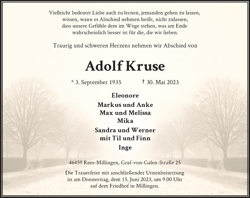  Traueranzeige für Adolf Kruse vom 03.06.2023 aus Rheinische Post