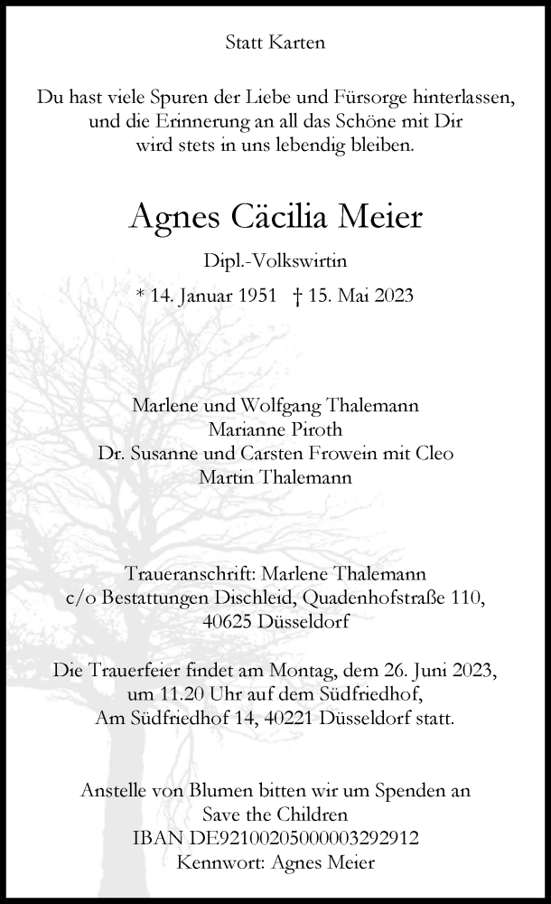  Traueranzeige für Agnes Cäcilia Meier vom 10.06.2023 aus Rheinische Post