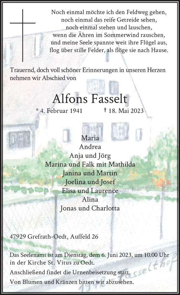  Traueranzeige für Alfons Fasselt vom 03.06.2023 aus Rheinische Post