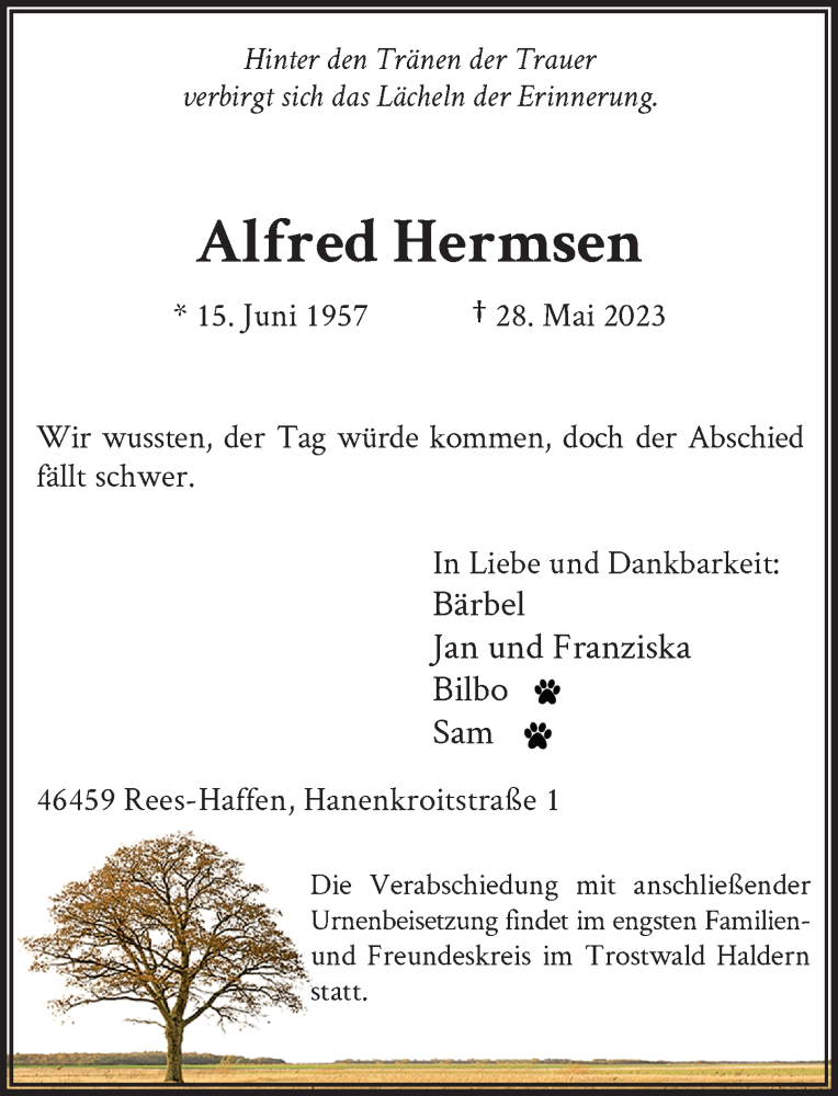  Traueranzeige für Alfred Hermsen vom 03.06.2023 aus Rheinische Post