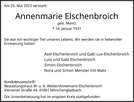 Traueranzeige von Annenmarie Elschenbroich von Rheinische Post