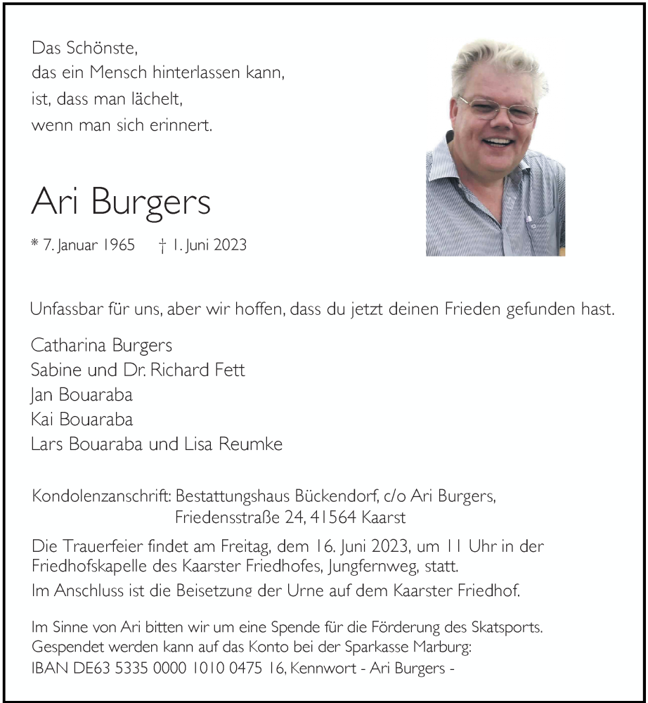  Traueranzeige für Ari Burgers vom 10.06.2023 aus Rheinische Post