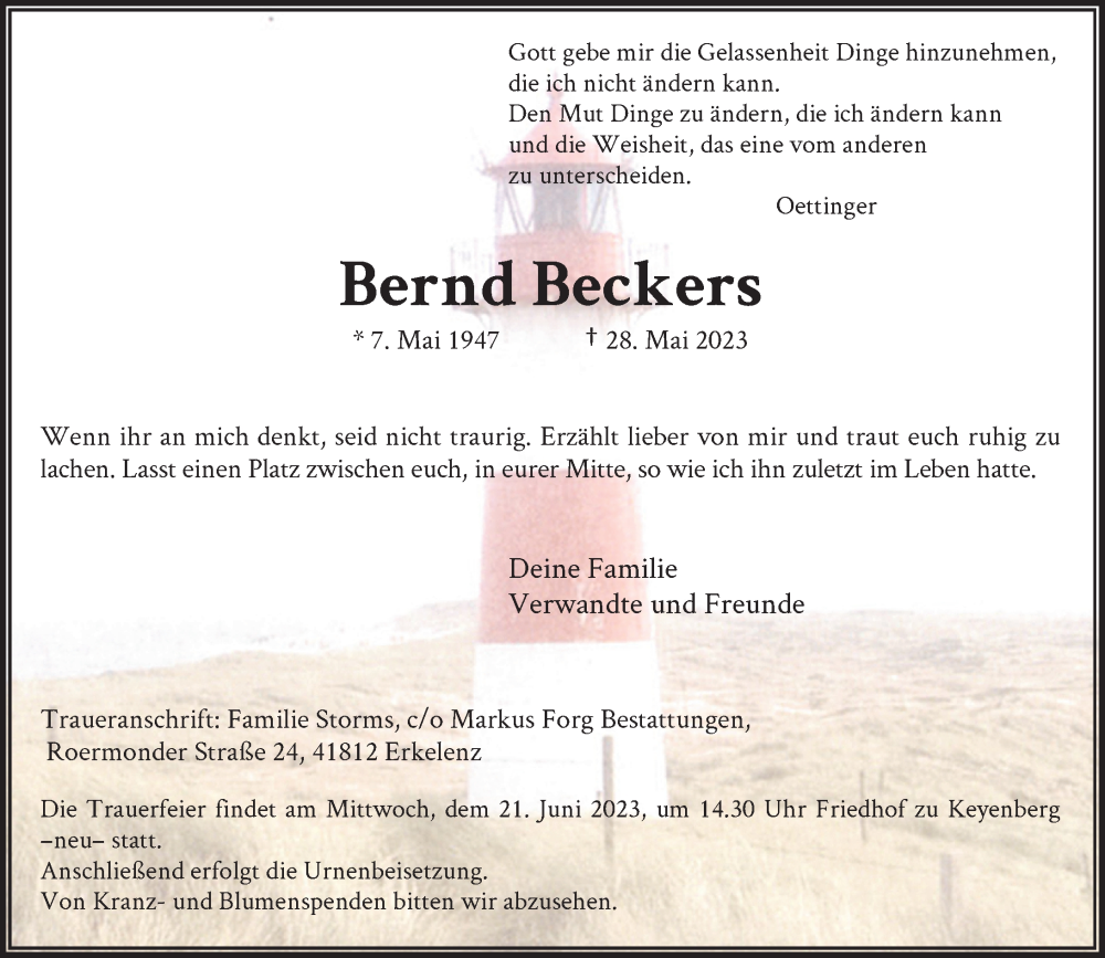  Traueranzeige für Bernd Beckers vom 03.06.2023 aus Rheinische Post