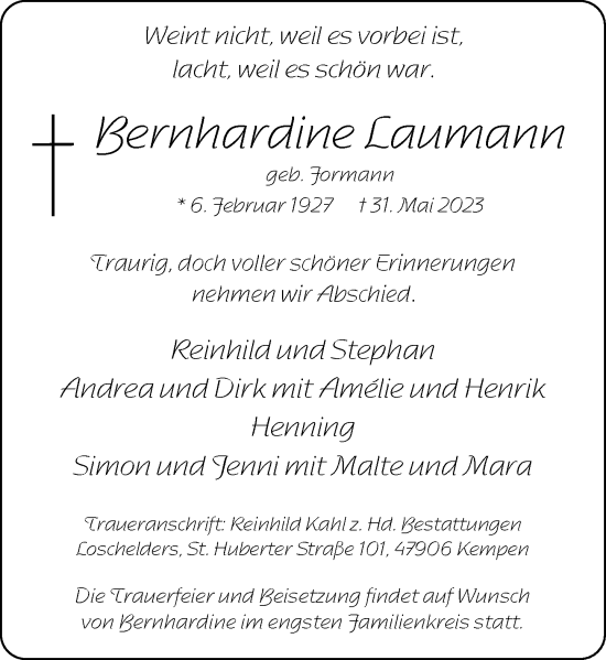 Traueranzeige von Bernhardine Laumann von Rheinische Post