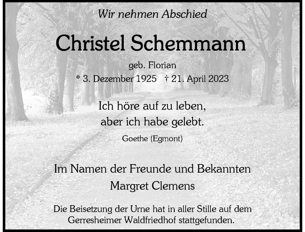  Traueranzeige für Christel Schemmann vom 03.06.2023 aus Rheinische Post