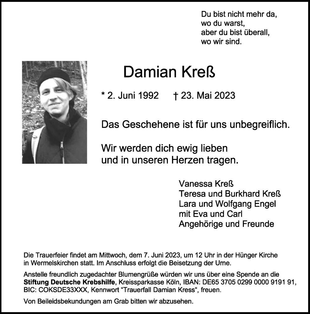  Traueranzeige für Damian Kreß vom 03.06.2023 aus Rheinische Post