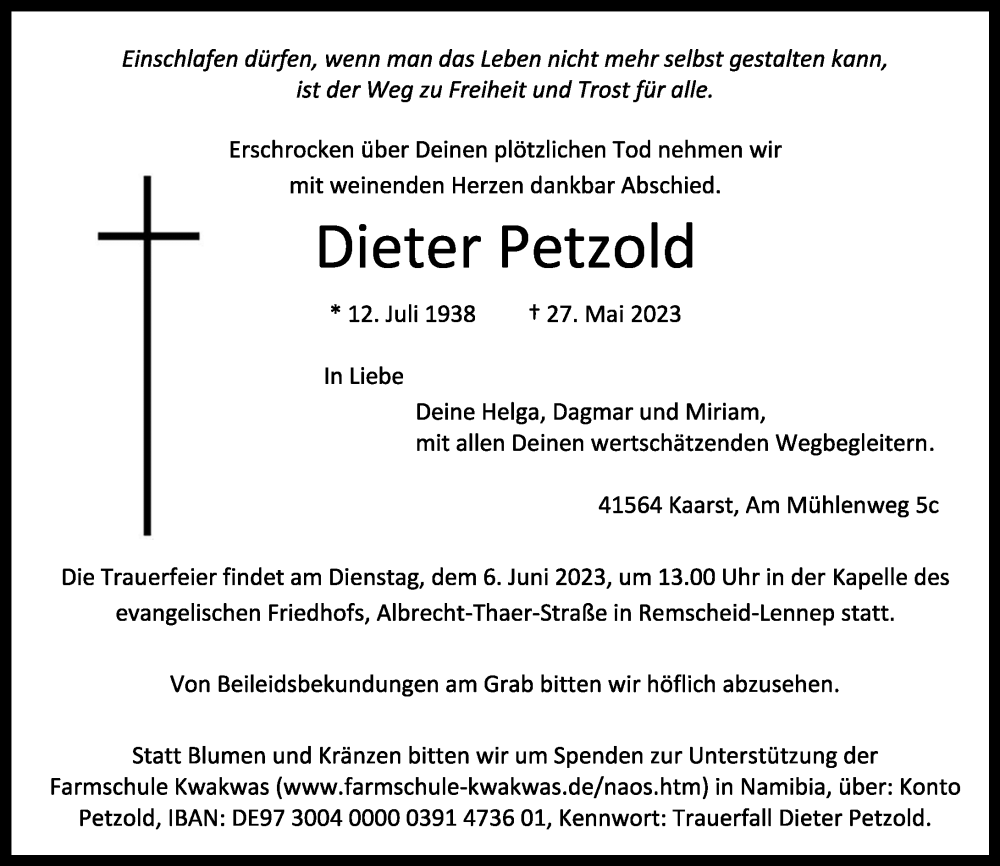  Traueranzeige für Dieter Petzold vom 03.06.2023 aus Rheinische Post