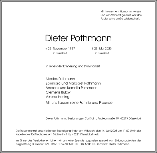 Traueranzeige von Dieter Pothmann von Rheinische Post