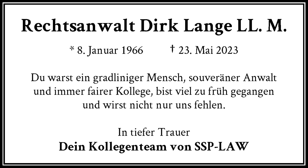  Traueranzeige für Dirk Lange vom 03.06.2023 aus Rheinische Post