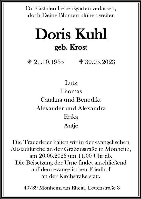 Traueranzeige von Doris Kuhl von Rheinische Post