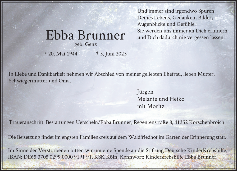  Traueranzeige für Ebba Brunner vom 17.06.2023 aus Rheinische Post