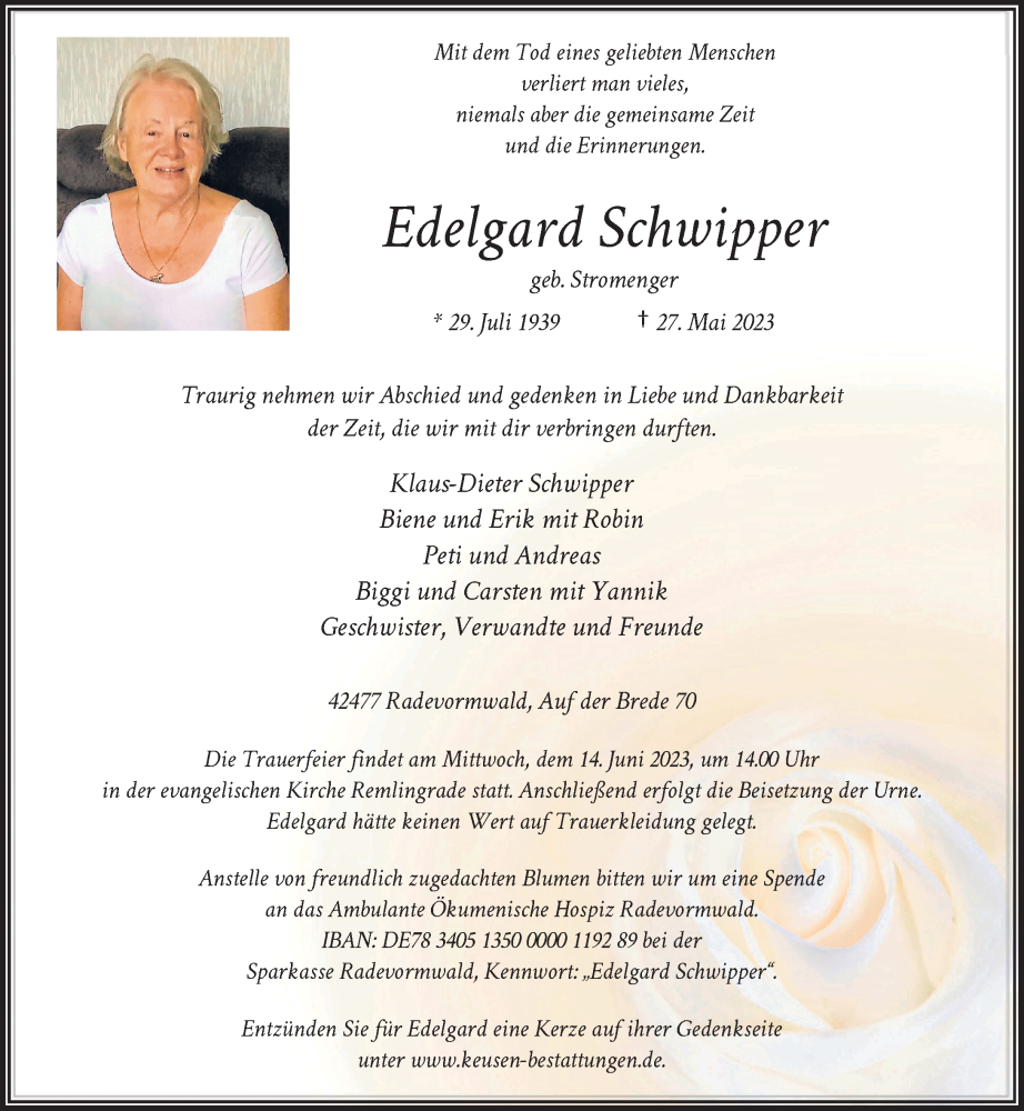  Traueranzeige für Edelgard Schwipper vom 03.06.2023 aus Rheinische Post