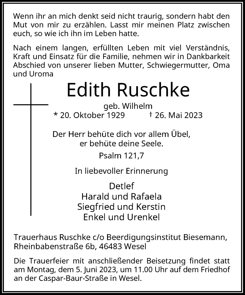  Traueranzeige für Edith Ruschke vom 01.06.2023 aus Rheinische Post