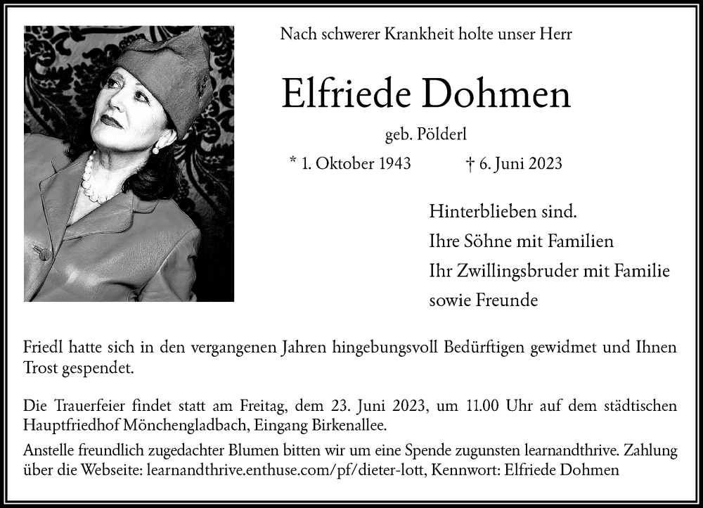  Traueranzeige für Elfriede Dohmen vom 17.06.2023 aus Rheinische Post