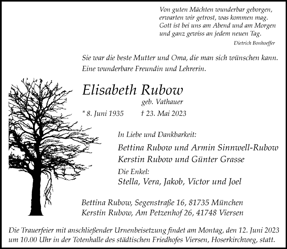  Traueranzeige für Elisabeth Rubow vom 03.06.2023 aus Rheinische Post