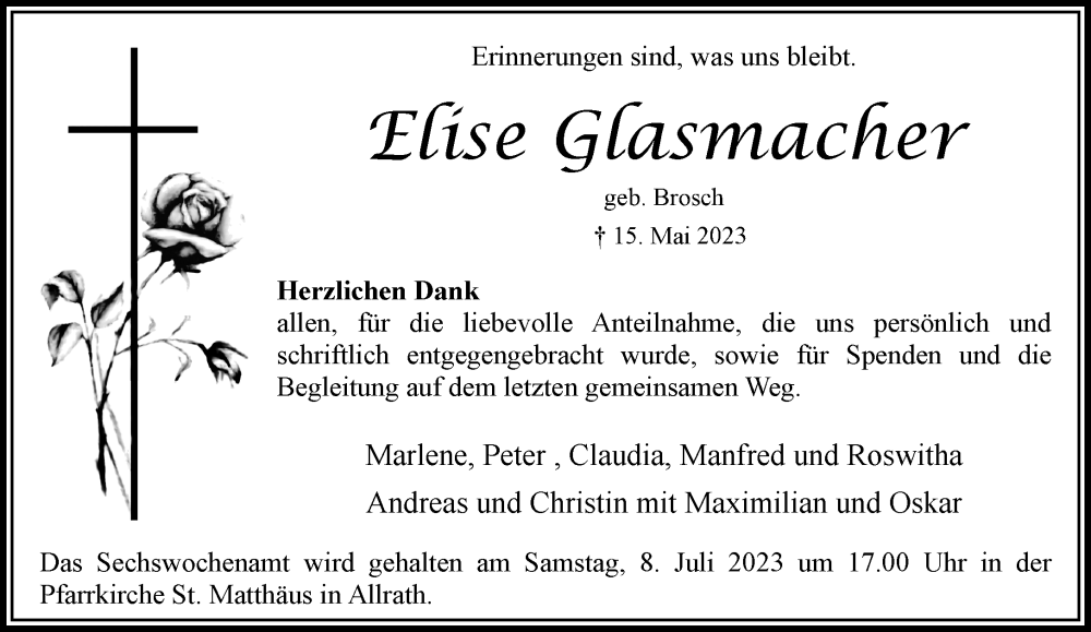  Traueranzeige für Elise Glasmacher vom 01.07.2023 aus Rheinische Post