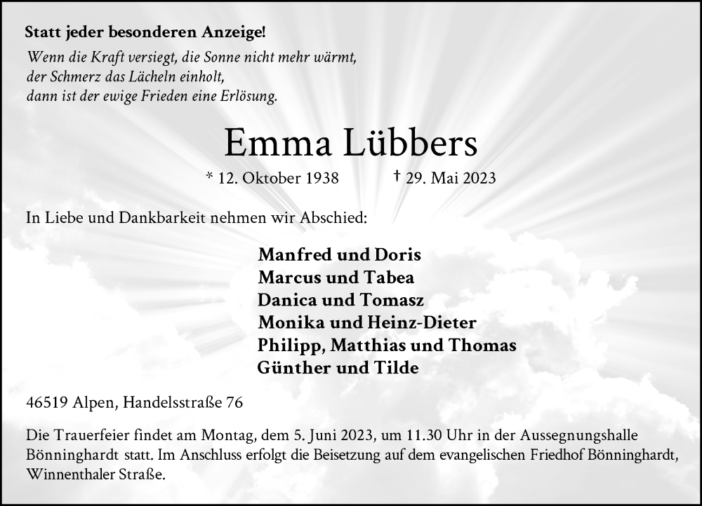  Traueranzeige für Emma Lübbers vom 01.06.2023 aus Rheinische Post