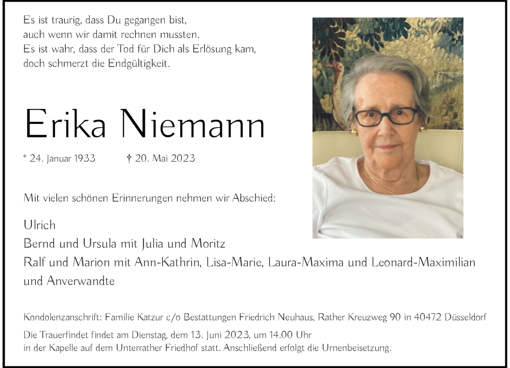  Traueranzeige für Erika Niemann vom 03.06.2023 aus Rheinische Post