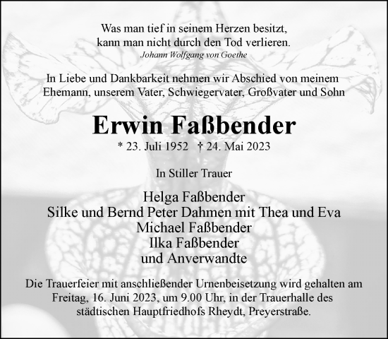 Traueranzeige von Erwin Faßbender von Rheinische Post