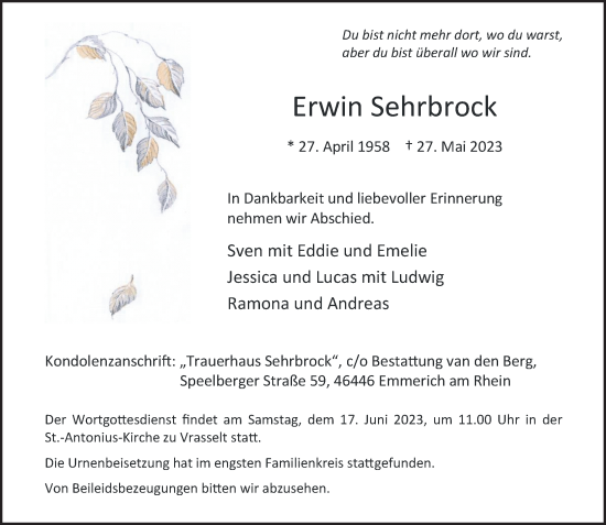 Traueranzeige von Erwin Sehrbrock von Rheinische Post
