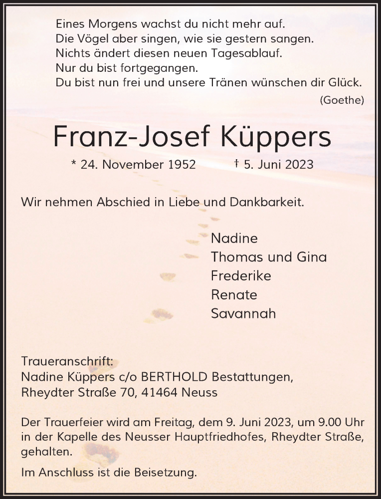  Traueranzeige für Franz-Josef Küppers vom 07.06.2023 aus Rheinische Post
