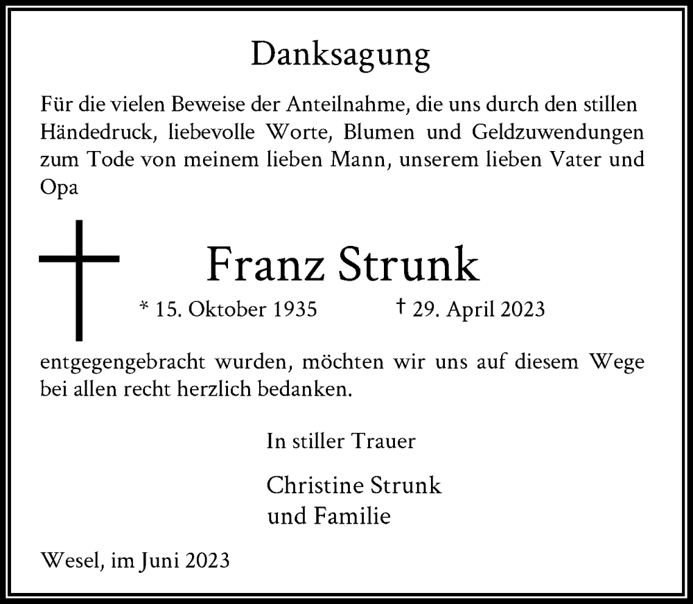  Traueranzeige für Franz Strunk vom 14.06.2023 aus Rheinische Post