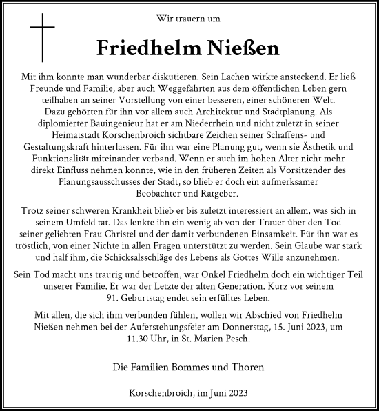 Traueranzeige von Friedhelm Nießen von Rheinische Post